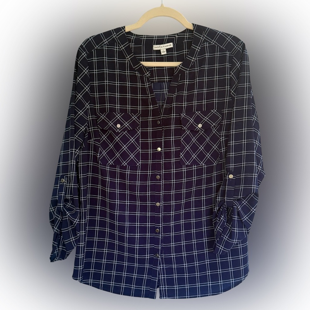 Notations Navy Blue Plaid Blouse